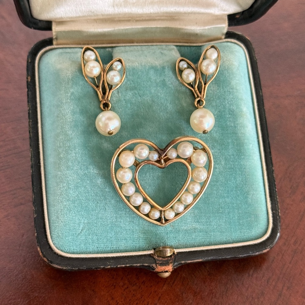 Vintage Gold Filled Pearl Heart Brooch & Dangle Earrings Set by Henry Griffith